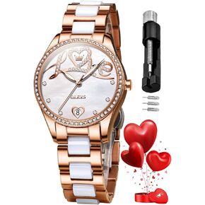 OLEVS Automatic Watches for Women Diamond Fashion Elegant Dress Mechanical Self Winding Date Ladies Wrist Watches Luxury Rose Gold Two Tone Ceramic Watch Waterproof Luminous