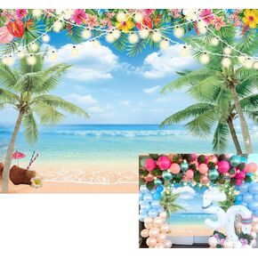 Hawaiian Beach Backdrop Summer Tropical Flower Palm Ocean Beach Photography Background for Hawaiian Aloha Party Luau Photoshoot Tiki Themed Decoration 7x5FT