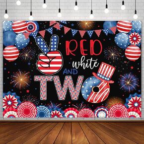 7x5ft 4th of July Happy 2nd Birthday Backdrop Red White and Two Independence Day Party Decorations Sprinke Firecracker Star Stripe Photography Background Banner Photo Studio Props