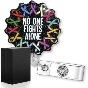 No One Fights Alone Funny Ribbons Retractable Glitter Badge Reel, Cancer Awareness Badge Holder for Police Firefighter Chemo Nurse Support, Oncology Nurse Gift, Breast Cancer Oncologist Gift