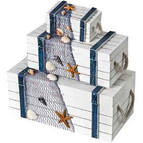 3 PCS Wood Nautical Box Wooden Treasure box Handcrafted jewelry box Storage gift box for Nautical Themed Home Decor or holding jewelry, paper clips/tacks or other small treasures(3