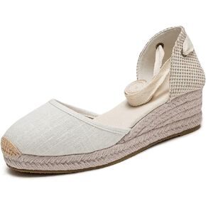 U-lite Womens Platform Wedge Sandals Espadrilles Closed Toe Ankle Strap Lace Up Ankle-Tie Strap Classic Espadrille Heel White 8.5