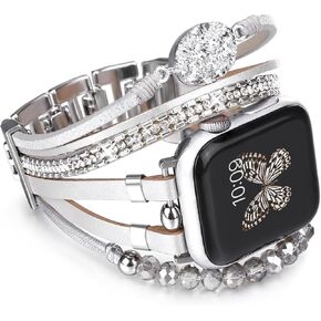 Leather Beaded Bracelet Compatible with Apple Watch Band 38mm 40mm 41mm 42mm 44mm 45mm 49mm Women Men Series 9 8 7 6 Se Ultra 2- Dressy Boho Wrap Apple Watch Strap for iWatch Bands 5 4 3 2 1