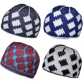 Pack 4 Colors Muslim Beanie Cap Amn-271 Islam Kufi Hat Prayer Knit Crochet Taqiyah Takke Skull Topi Ramadan Gift