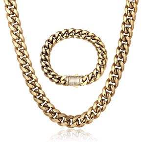 12mm Miami Cuban Link Bracelet/Chain 14K REAL Gold Plated Necklace Hypoallergenic Premium Stainless Steel Hip Hop Jewelry For Men Women Christmas Birthday Gift Double-sided Iced Out Clasp