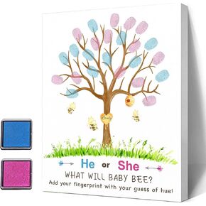 Baby Gender Reveal Fingerprint Tree, Gender Reveal Party, Bee Baby Shower Guest Book Party Ideas, Guess the Gender, Baby Shower Guest Book with Ink Pad