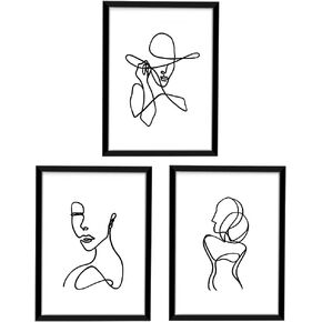 ArtbyHannah 11x14 Inch Black Framed Wall Art Set of 3 Minimalist Line Wall Art Frames for Home Decoration