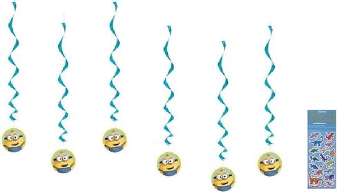 Unique Despicable Me Birthday Party Supplies Bundle Pack Includes 6 Hanging Swirls Decorations and 1 Dinosaur Sticker Sheet in Saudi Arabia