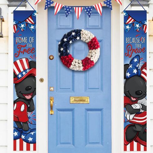 Deroro July 4th Cartoon Mouse Patriotic Memorial Day Porch Banner Sign, America Home of The Free Because of The Brave Front Door Decorative Hanging Banner Flag, Veterans Day Decoration Outdoor Decor in Saudi Arabia