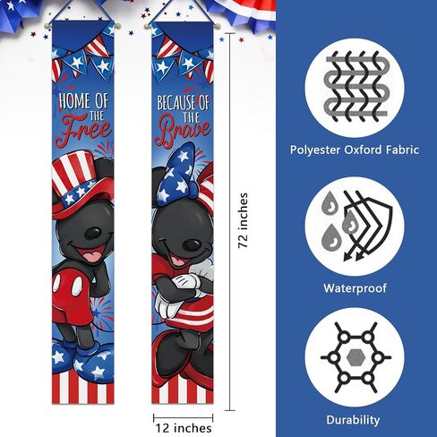 Deroro July 4th Cartoon Mouse Patriotic Memorial Day Porch Banner Sign, America Home of The Free Because of The Brave Front Door Decorative Hanging Banner Flag, Veterans Day Decoration Outdoor Decor in Saudi Arabia