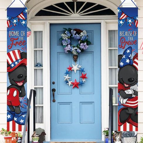 Deroro July 4th Cartoon Mouse Patriotic Memorial Day Porch Banner Sign, America Home of The Free Because of The Brave Front Door Decorative Hanging Banner Flag, Veterans Day Decoration Outdoor Decor in Saudi Arabia