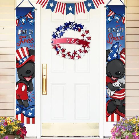 Deroro July 4th Cartoon Mouse Patriotic Memorial Day Porch Banner Sign, America Home of The Free Because of The Brave Front Door Decorative Hanging Banner Flag, Veterans Day Decoration Outdoor Decor in Saudi Arabia