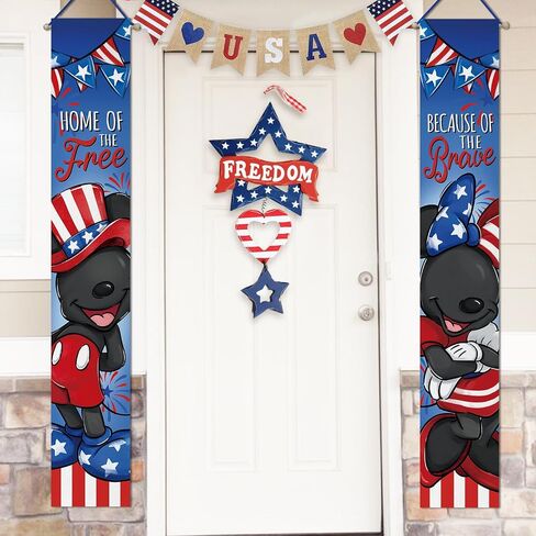 Deroro July 4th Cartoon Mouse Patriotic Memorial Day Porch Banner Sign, America Home of The Free Because of The Brave Front Door Decorative Hanging Banner Flag, Veterans Day Decoration Outdoor Decor in Saudi Arabia