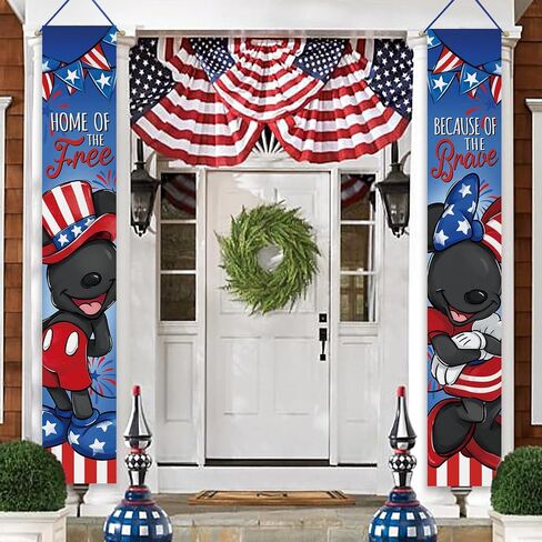 Deroro July 4th Cartoon Mouse Patriotic Memorial Day Porch Banner Sign, America Home of The Free Because of The Brave Front Door Decorative Hanging Banner Flag, Veterans Day Decoration Outdoor Decor in Saudi Arabia
