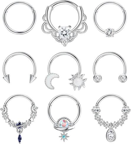 Subiceto 9Pcs 16G Septum Ring for Women Men Dangle Septum Jewelry with Blue Plant Teardrop Clear Cz Moon Star Horseshoe Stainless Steel Daith Earrings Helix Cartilage Tragus Hoop Nose Rings Piercing in Saudi Arabia