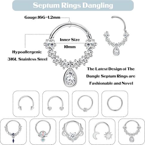 Subiceto 9Pcs 16G Septum Ring for Women Men Dangle Septum Jewelry with Blue Plant Teardrop Clear Cz Moon Star Horseshoe Stainless Steel Daith Earrings Helix Cartilage Tragus Hoop Nose Rings Piercing in Saudi Arabia