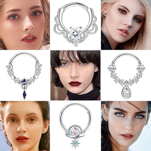 Subiceto 9Pcs 16G Septum Ring for Women Men Dangle Septum Jewelry with Blue Plant Teardrop Clear Cz Moon Star Horseshoe Stainless Steel Daith Earrings Helix Cartilage Tragus Hoop Nose Rings Piercing in Saudi Arabia