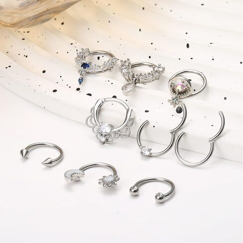 Subiceto 9Pcs 16G Septum Ring for Women Men Dangle Septum Jewelry with Blue Plant Teardrop Clear Cz Moon Star Horseshoe Stainless Steel Daith Earrings Helix Cartilage Tragus Hoop Nose Rings Piercing in Saudi Arabia