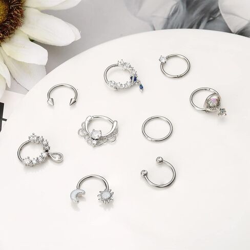 Subiceto 9Pcs 16G Septum Ring for Women Men Dangle Septum Jewelry with Blue Plant Teardrop Clear Cz Moon Star Horseshoe Stainless Steel Daith Earrings Helix Cartilage Tragus Hoop Nose Rings Piercing in Saudi Arabia