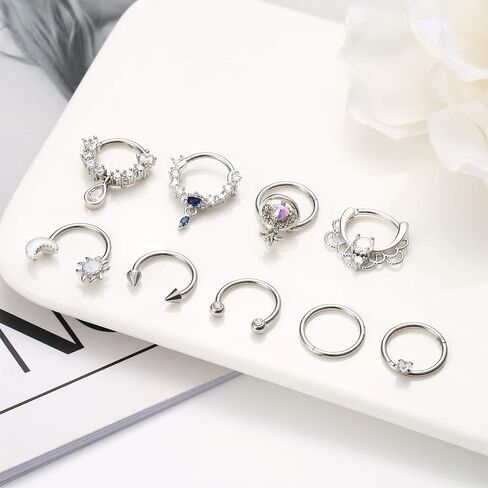 Subiceto 9Pcs 16G Septum Ring for Women Men Dangle Septum Jewelry with Blue Plant Teardrop Clear Cz Moon Star Horseshoe Stainless Steel Daith Earrings Helix Cartilage Tragus Hoop Nose Rings Piercing in Saudi Arabia