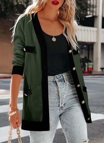 Sidefeel Women's Cardigan Sweaters Open Front Button Down Plaid Chunky Knit Jackets with Pockets in Saudi Arabia