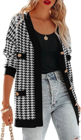 Sidefeel Women's Cardigan Sweaters Open Front Button Down Plaid Chunky Knit Jackets with Pockets in Saudi Arabia