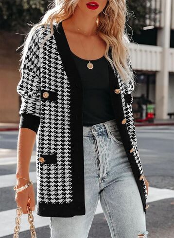 Sidefeel Women's Cardigan Sweaters Open Front Button Down Plaid Chunky Knit Jackets with Pockets in Saudi Arabia