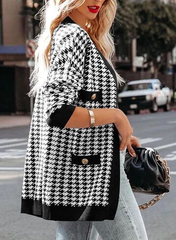 Sidefeel Women's Cardigan Sweaters Open Front Button Down Plaid Chunky Knit Jackets with Pockets in Saudi Arabia
