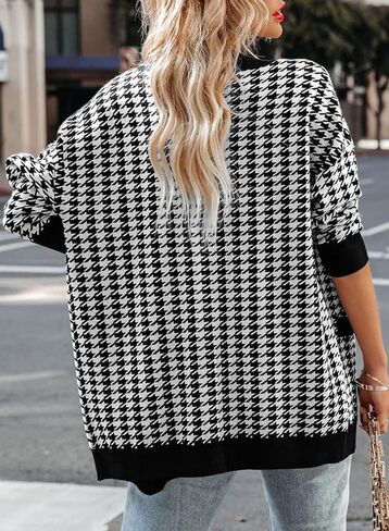 Sidefeel Women's Cardigan Sweaters Open Front Button Down Plaid Chunky Knit Jackets with Pockets in Saudi Arabia