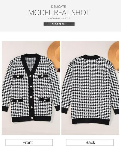 Sidefeel Women's Cardigan Sweaters Open Front Button Down Plaid Chunky Knit Jackets with Pockets in Saudi Arabia