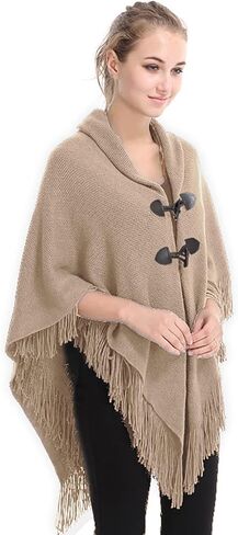 Women's Knit Cape Poncho Sweater with Fringes Pullover Shawls Wraps Capes in Saudi Arabia