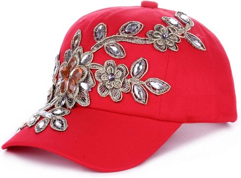 Women Flower Design Fancy Bling Hats Pretty Crystals Adjustable Ladies Baseball Cap in Saudi Arabia