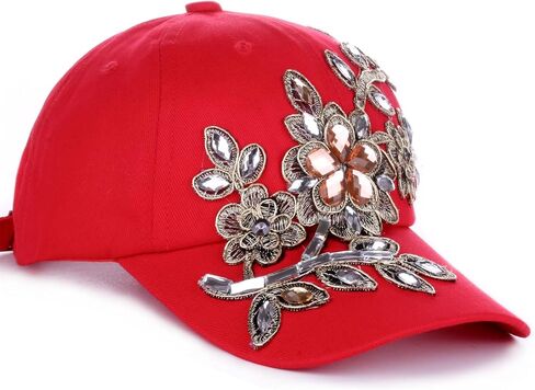 Women Flower Design Fancy Bling Hats Pretty Crystals Adjustable Ladies Baseball Cap in Saudi Arabia