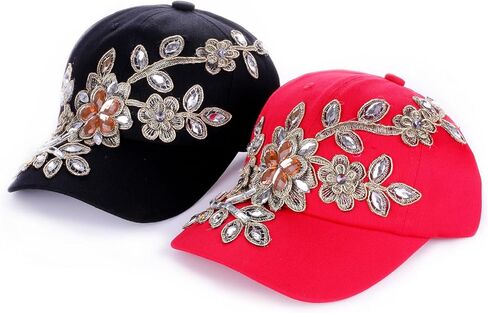 Women Flower Design Fancy Bling Hats Pretty Crystals Adjustable Ladies Baseball Cap in Saudi Arabia