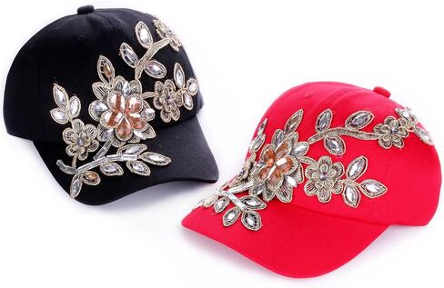 Women Flower Design Fancy Bling Hats Pretty Crystals Adjustable Ladies Baseball Cap in Saudi Arabia