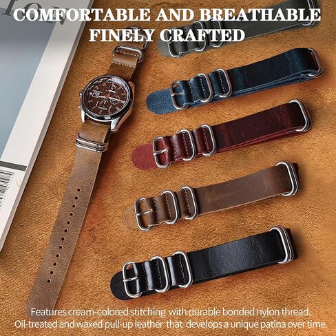 One-Piece Nato Style Leather Watch Bands Genuine Watch Straps for Men Women- 14mm 16mm 18mm 20mm 22mm 24mm Top Grain Cowhide Leather Watch Strap in Saudi Arabia