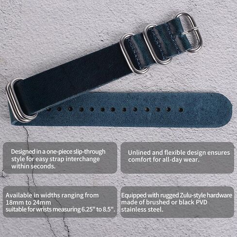 One-Piece Nato Style Leather Watch Bands Genuine Watch Straps for Men Women- 14mm 16mm 18mm 20mm 22mm 24mm Top Grain Cowhide Leather Watch Strap in Kuwait