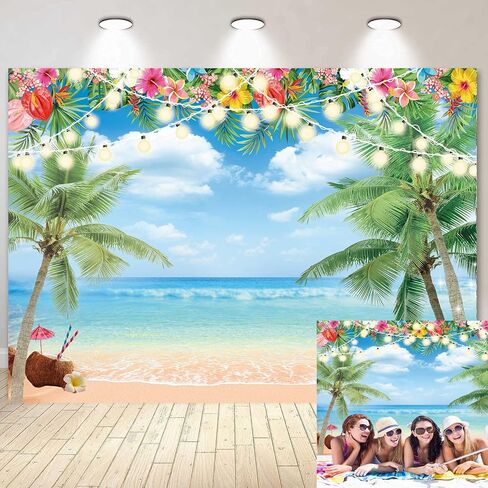 Hawaiian Beach Backdrop Summer Tropical Flower Palm Ocean Beach Photography Background for Hawaiian Aloha Party Luau Photoshoot Tiki Themed Decoration 7x5FT in Saudi Arabia