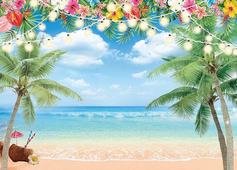 Hawaiian Beach Backdrop Summer Tropical Flower Palm Ocean Beach Photography Background for Hawaiian Aloha Party Luau Photoshoot Tiki Themed Decoration 7x5FT in Saudi Arabia