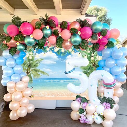 Hawaiian Beach Backdrop Summer Tropical Flower Palm Ocean Beach Photography Background for Hawaiian Aloha Party Luau Photoshoot Tiki Themed Decoration 7x5FT in Saudi Arabia