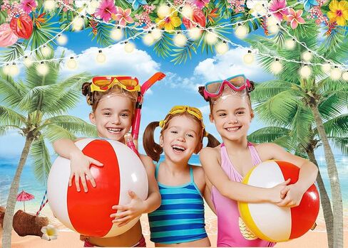 Hawaiian Beach Backdrop Summer Tropical Flower Palm Ocean Beach Photography Background for Hawaiian Aloha Party Luau Photoshoot Tiki Themed Decoration 7x5FT in Saudi Arabia