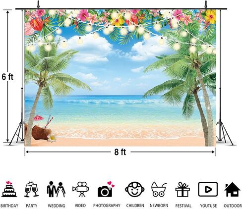 Hawaiian Beach Backdrop Summer Tropical Flower Palm Ocean Beach Photography Background for Hawaiian Aloha Party Luau Photoshoot Tiki Themed Decoration 7x5FT in Saudi Arabia