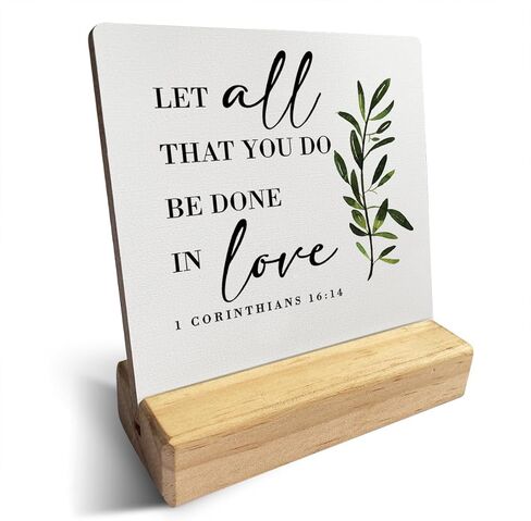 البلد دع كل ما تفعله يتم في الحب من الكتاب المقدس آية خشبية لوحة تسجيل ديكور مكتب ريفي 1 كورنثوس 16:14 علامة مكتب مسيحية ديكور للمنزل 4 × 4 بوصة in Kuwait