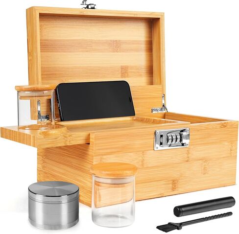 Premium Large Bamboo Box with Combination Lock, Decorative Box with Rolling Tray, For Home Great Father Day Gifts Premium Removable Tray, Roll Kit and All Accessories(Natural) in Saudi Arabia