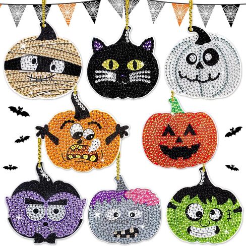 Whaline 8Pcs Halloween Diamond Drawing Keychain Kit DIY Handmade Cartoon Pumpkin Monster Vampire Mummy Cat Diamond Drawing Pendent Rhinestone Mosaic Making Full Drill Diamond Key Chain for Crafts in Saudi Arabia