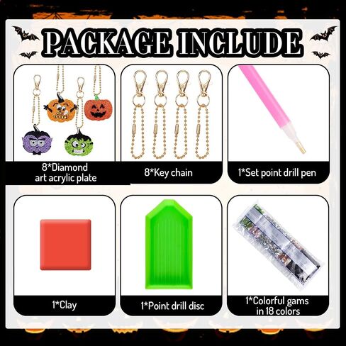 Whaline 8Pcs Halloween Diamond Drawing Keychain Kit DIY Handmade Cartoon Pumpkin Monster Vampire Mummy Cat Diamond Drawing Pendent Rhinestone Mosaic Making Full Drill Diamond Key Chain for Crafts in Saudi Arabia