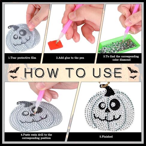 Whaline 8Pcs Halloween Diamond Drawing Keychain Kit DIY Handmade Cartoon Pumpkin Monster Vampire Mummy Cat Diamond Drawing Pendent Rhinestone Mosaic Making Full Drill Diamond Key Chain for Crafts in Saudi Arabia