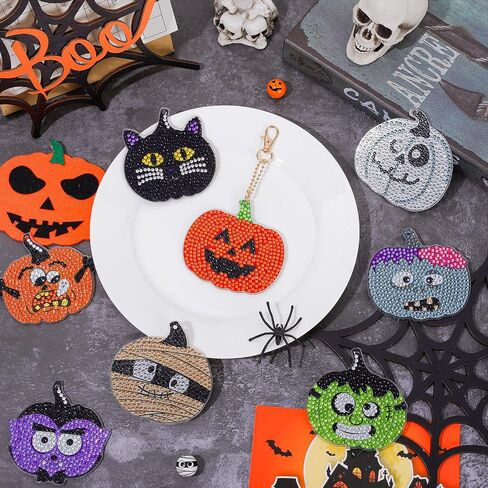 Whaline 8Pcs Halloween Diamond Drawing Keychain Kit DIY Handmade Cartoon Pumpkin Monster Vampire Mummy Cat Diamond Drawing Pendent Rhinestone Mosaic Making Full Drill Diamond Key Chain for Crafts in Saudi Arabia