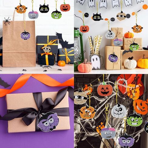 Whaline 8Pcs Halloween Diamond Drawing Keychain Kit DIY Handmade Cartoon Pumpkin Monster Vampire Mummy Cat Diamond Drawing Pendent Rhinestone Mosaic Making Full Drill Diamond Key Chain for Crafts in Saudi Arabia