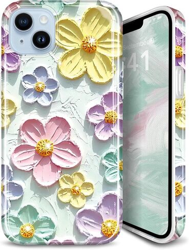 JIAXIUFEN Case for iPhone 14 iPhone 13 Sparkle Glitter Retro Oil Painting Printed Flower Design Slim Shockproof Protective TPU Soft Silicone Cover Phone Case Blue Pink in Kuwait